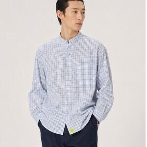 Shanghai Tang Men's Blue White check Mandarin Collar button down XL